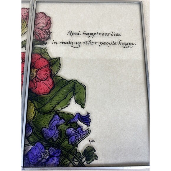 Rare Vintage Hand Painted Floral Stained Glass Folding Panel Art Deco Signed DML - Picture 7 of 7